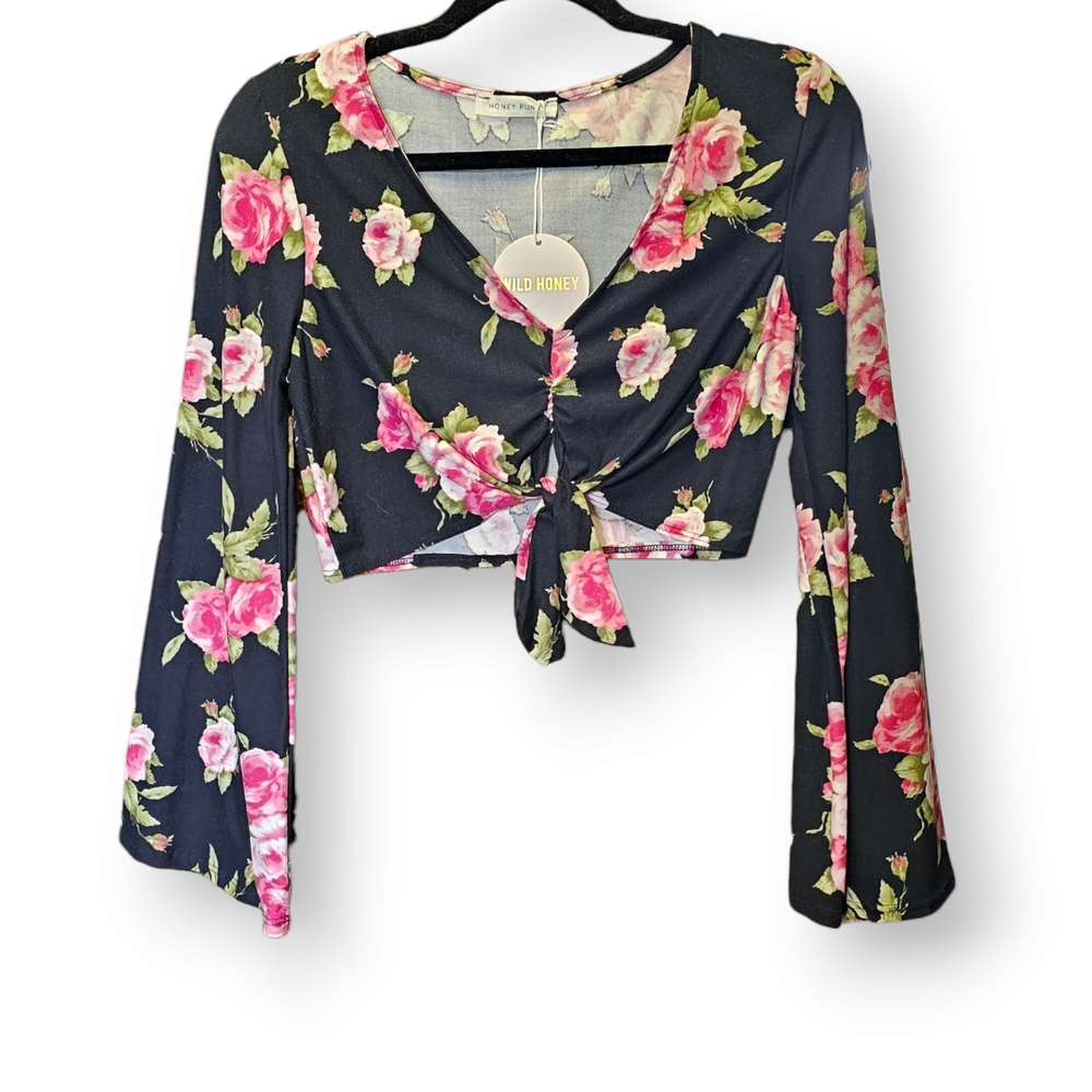 3/$25 NEW Honey Punch Black and Pink Floral Bell Sleeve Top